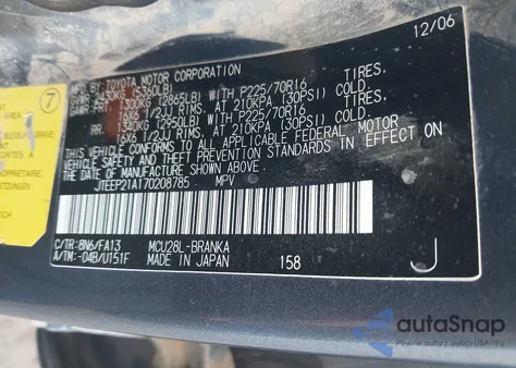 2007 Toyota Highlander V6 from USA, damaged, VIN JTEEP21A170208785